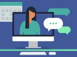 工作區的插圖與年輕女子在台式電腦屏幕上討論，代表 cpq 解決方案的好處。