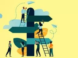 不同種族的人共同努力安排路徑以創建引導式購買體驗的圖像。