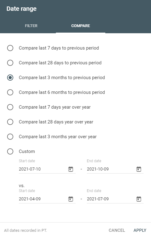 หน้าต่างช่วงวันที่ของ GSC
