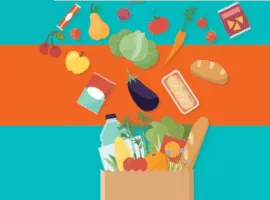 Mantimentos caindo em saco de papel pardo, representando uma loja perfeita para CPG.