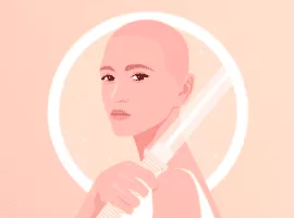 Illustration einer glatzköpfigen Person, die ein Lichtschwert hält, mit Sternen im Hintergrund, die die Trends im Kundenservice von 2022 darstellt, da der Service zum Retter von Unternehmen wird.