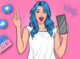 Lächelnde Frau mit Smartphone, die mit dem Finger das Symbol Nummer eins macht und den Kundenservice des Callcenters darstellt, um die Kundenzufriedenheit zu verbessern.