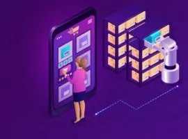 Eine Frau steht vor einem überlebensgroßen Smartphone, das eine E-Commerce-Site nutzt, während in der Nähe ein KI-Tool Daten sammelt und organisiert.