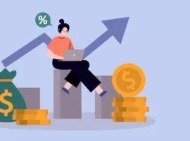 Bild einer Frau, die auf einem Laptop liest, mit Geldsymbolen um sie herum, die den ROI des Content-Marketings darstellen