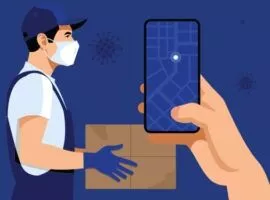 Ein maskierter und behandschuhter Mann steht mit einer Kiste neben einem Smartphone, auf dem gps-Koordinaten angezeigt werden, die die Lieferungen der letzten Meile in einer Welt nach der Pandemie darstellen.