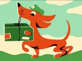 一隻戴著帽子的小狗嘴裡叼著一個包裹，代表訂單履行策略。