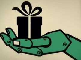 Eine Roboter-/KI-Hand hält eine Geschenkbox. Die Zukunft des Online-Shoppings hat Individualisierung, virtuelle Anprobe und Personalisierung für Kunden.