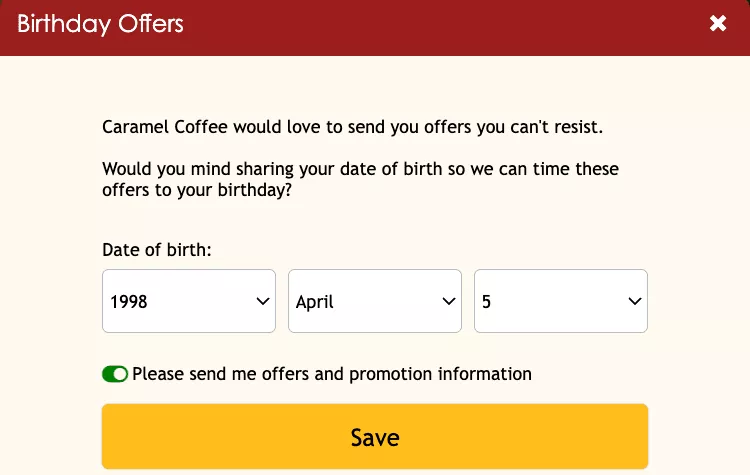 Was sind Zero-Party-Daten? Es sind Daten, die Kunden bereitwillig an eine Marke weitergeben. Dieses Bild zeigt eine Marke, die ein Geschenk im Austausch für ein Geburtsdatum anbietet.