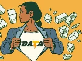 Bild einer Frau, die ein Hemd unter einem Blazer trägt, auf den Hemden steht: Daten. Hinter ihr explodieren Trümmer. Ende der Cookies von Drittanbietern.