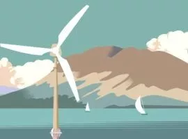 Bild einer Landschaft mit Bergen, Wasser, Segelbooten und Wolken, während sich eine Windkraftanlage dreht. Nachhaltigkeit ist das, was Kunden und Stakeholder wollen.
