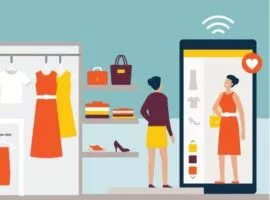 O femeie face cumpărături online și apoi face cumpărături personal, reprezentând nevoia mărcilor de a oferi consumatorilor mai multe modalități de acces la bunuri.