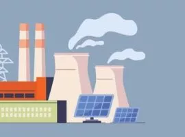 공장 연기가 태양 전지판과 대조되는 도시 풍경. 지속 가능성과 기후를 위한 탄소 배출 관리의 필요성을 상징합니다.