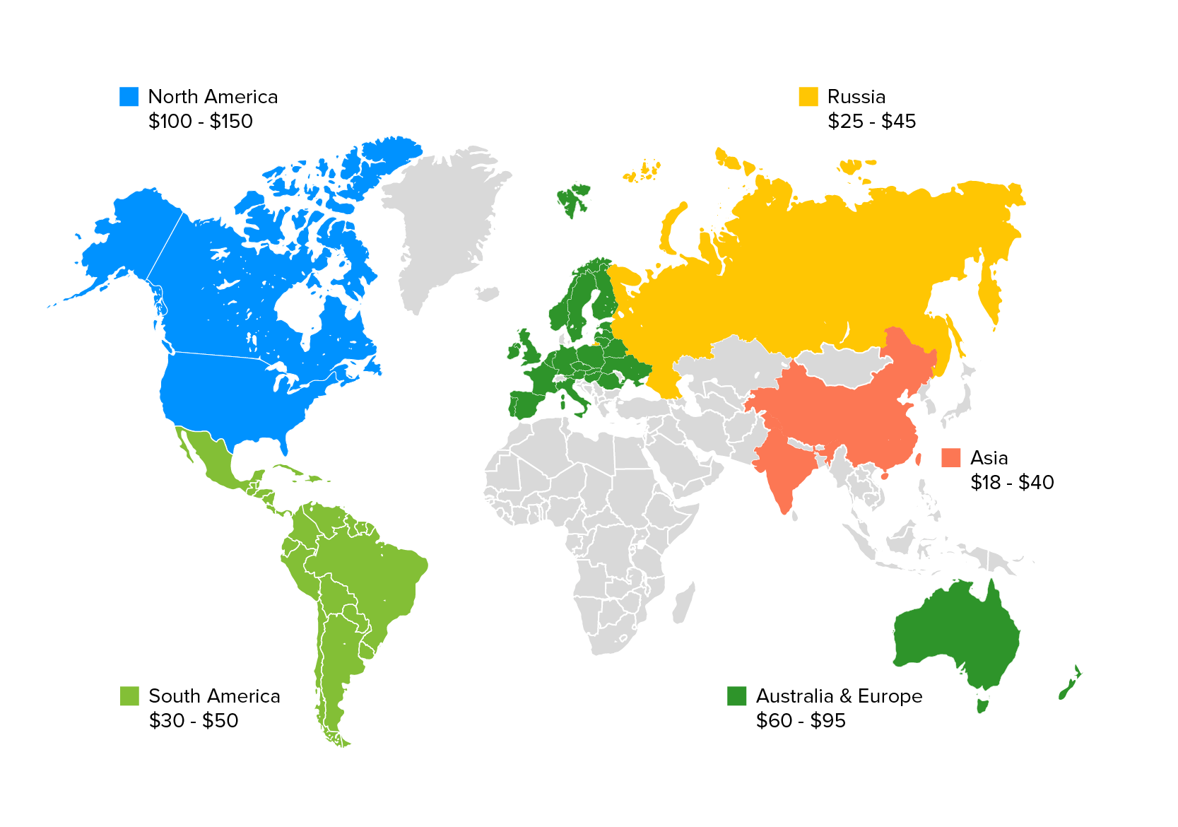 Карта, показывающая стоимость разработки в зависимости от географии в час