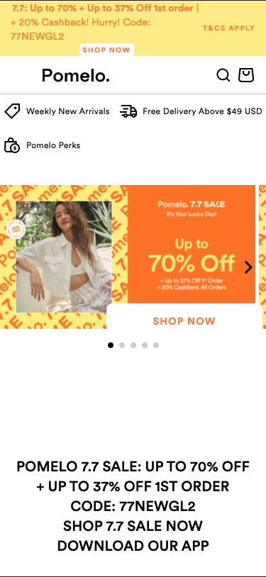 โปรโมชั่นแบนเนอร์เว็บ Pomelo บนมือถือ