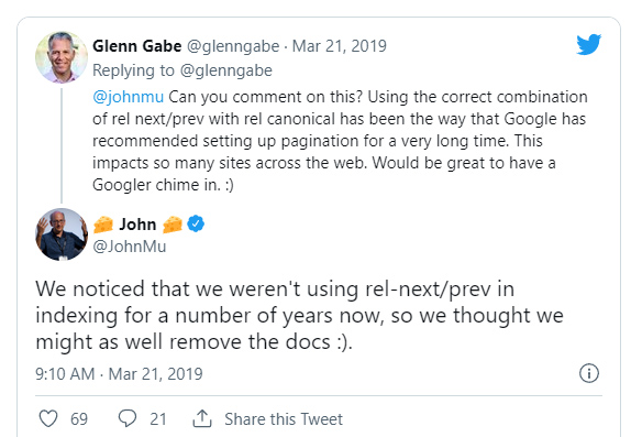 لم يعد John Mueller من Google الذي يشرح rel next / prev مدعومًا.