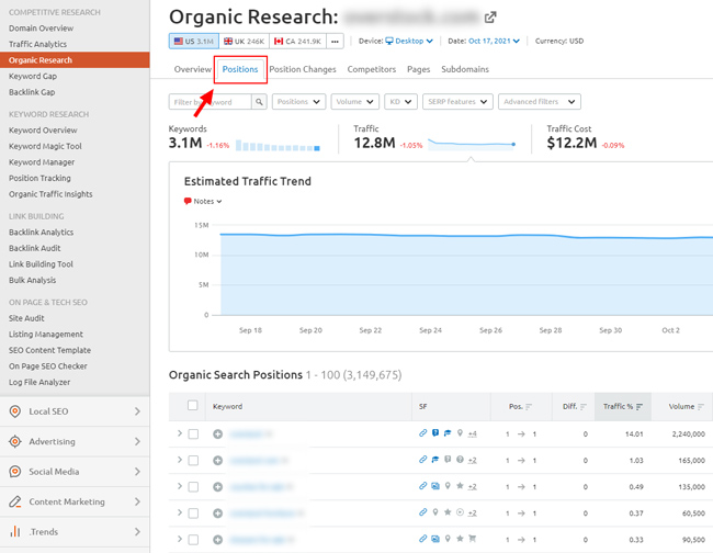 عرض علامة تبويب الوظائف في Organic Research in Semrush.
