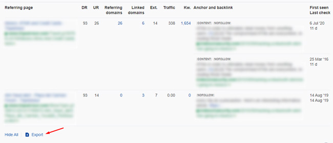 ahrefs 링크 교차 도구에서 링크 내보내기