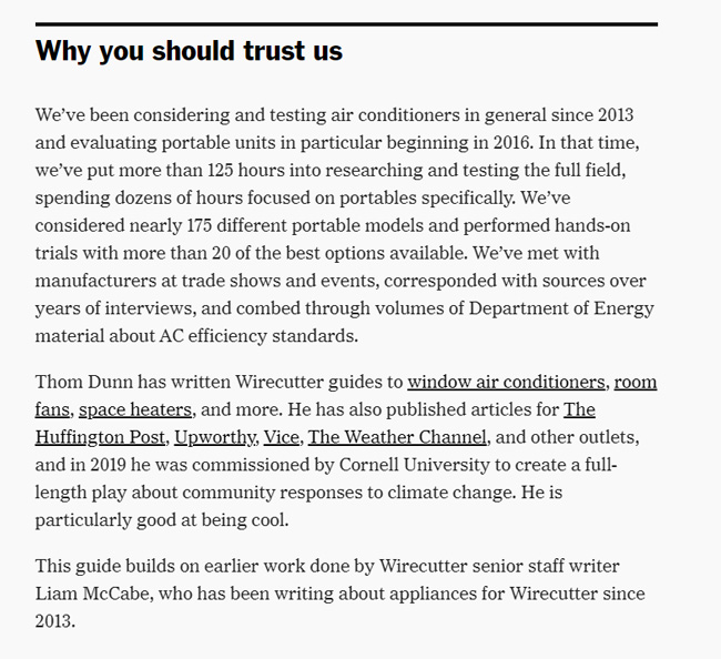 Explaining why readers should trust a product reviews site.