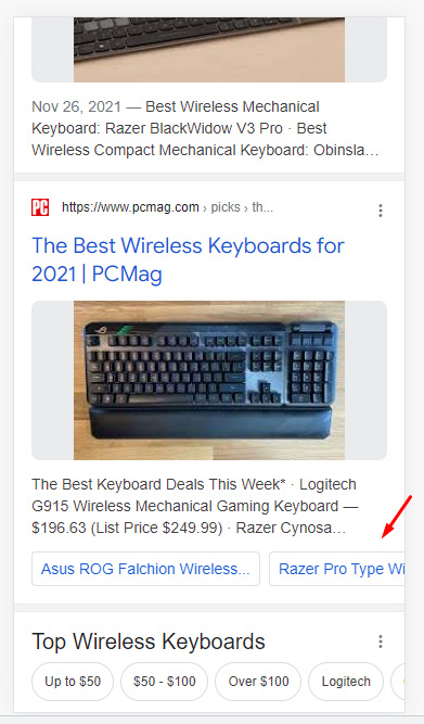 Arama sonuçlarında ürün inceleme sayfaları için atlama bağlantıları.