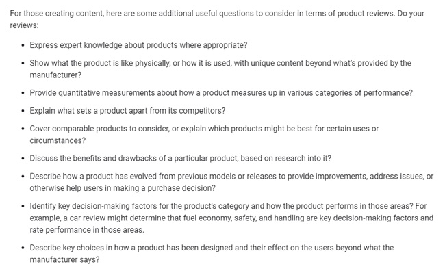 Google'ın inceleme içeriği yayınlayan siteler için soruları.