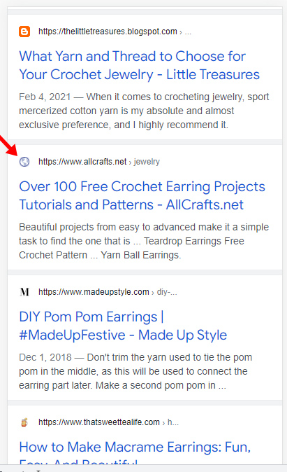 Google検索結果の一般的な地球儀ファビコン。