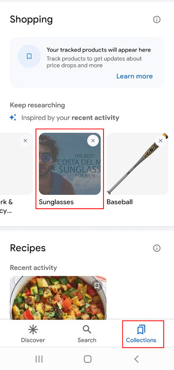Google Collections mit ähnlicher Funktionalität wie das Aufgaben-Dashboard in Discover.