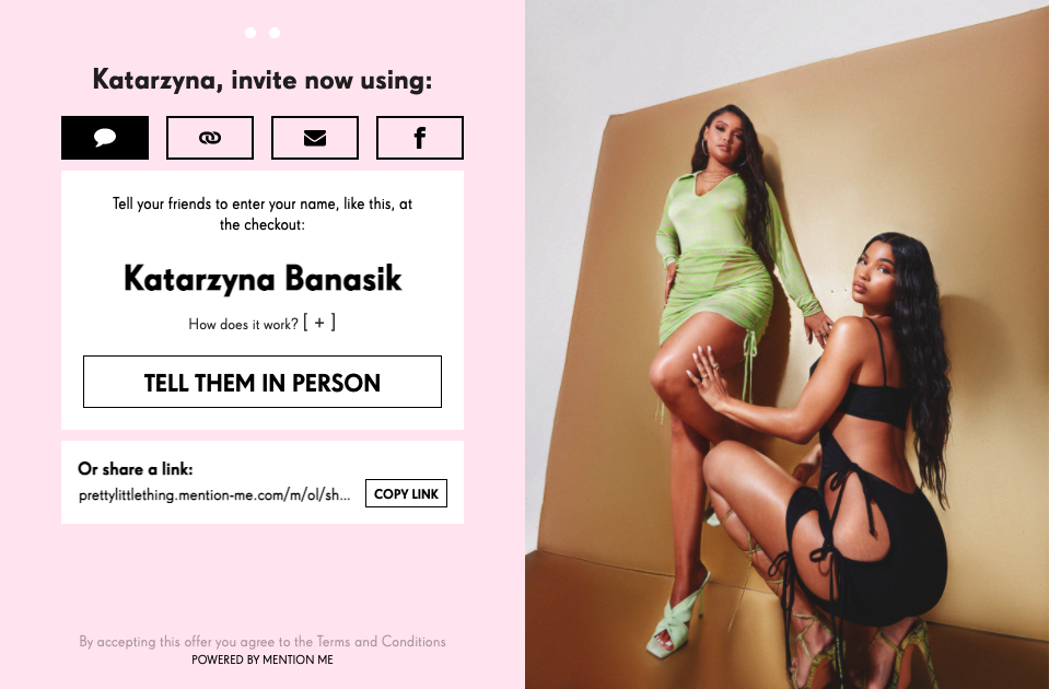 Personalizzazione del link di riferimento di Pretty Little Thing