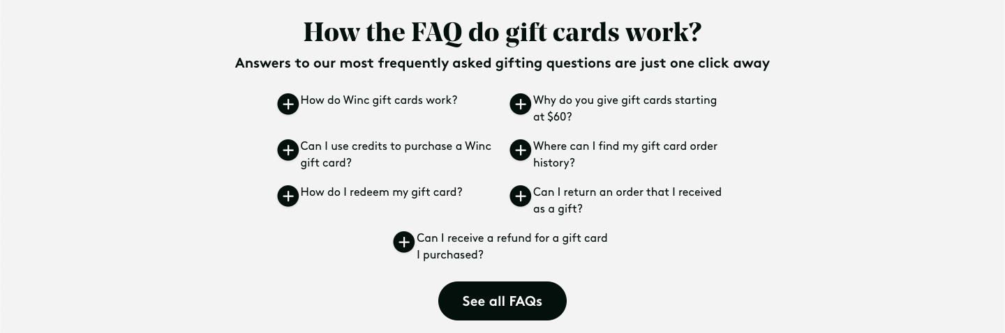 Winc FAQ-Bereich über Geschenkkarten