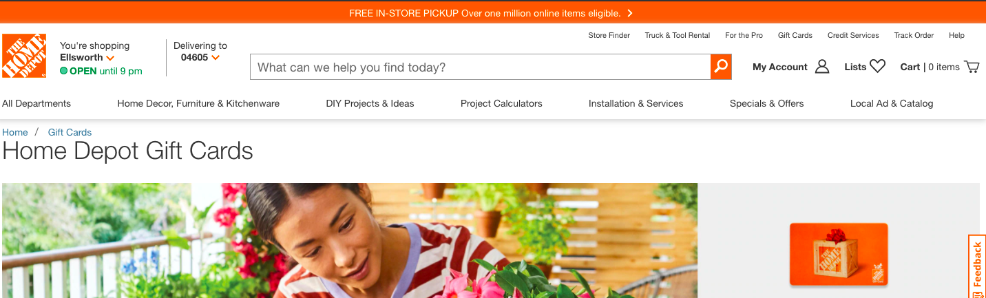 Home Depot-Promotion der Karte im oberen Banner