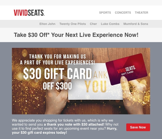 Vivid Seats: gracias tarjeta de regalo de $ 30 para pedidos superiores a $ 300