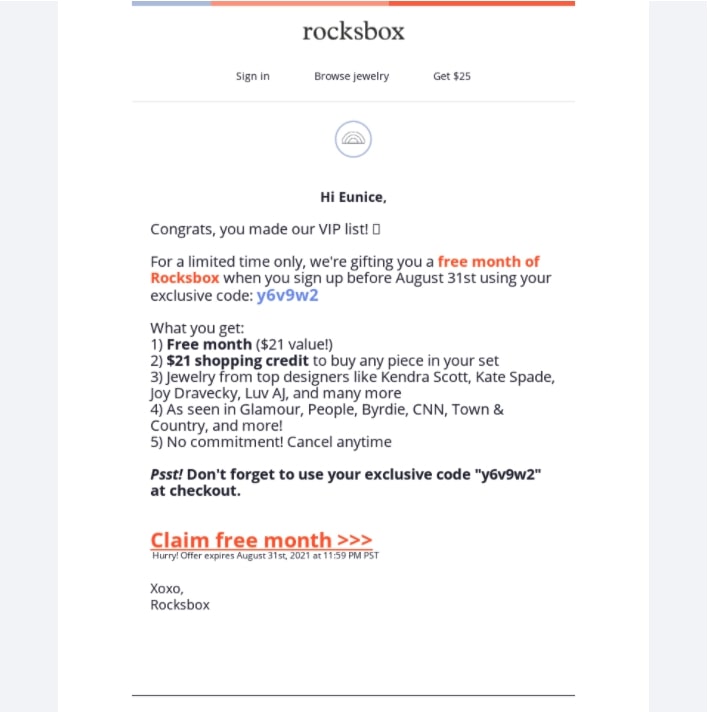 Rocksbox - oferta especial para clientes VIP: mes gratis y $21 de crédito para comprar cualquier pieza del set