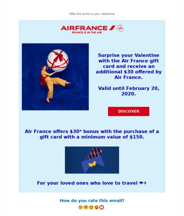 Campaña de promoción del Día de San Valentín de Air France: por cada tarjeta de regalo de más de $150, los clientes obtienen $30 de crédito adicional en la tarjeta de regalo