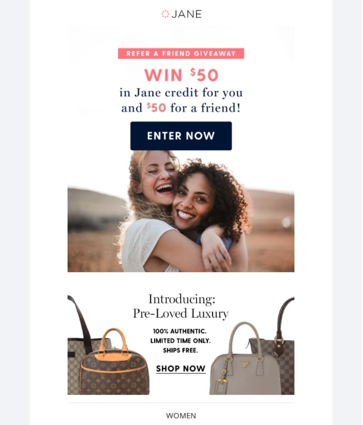 Jane: recomiende un sorteo de un amigo donde los clientes pueden ganar $ 50 para ellos y $ 50 para un amigo recomendado