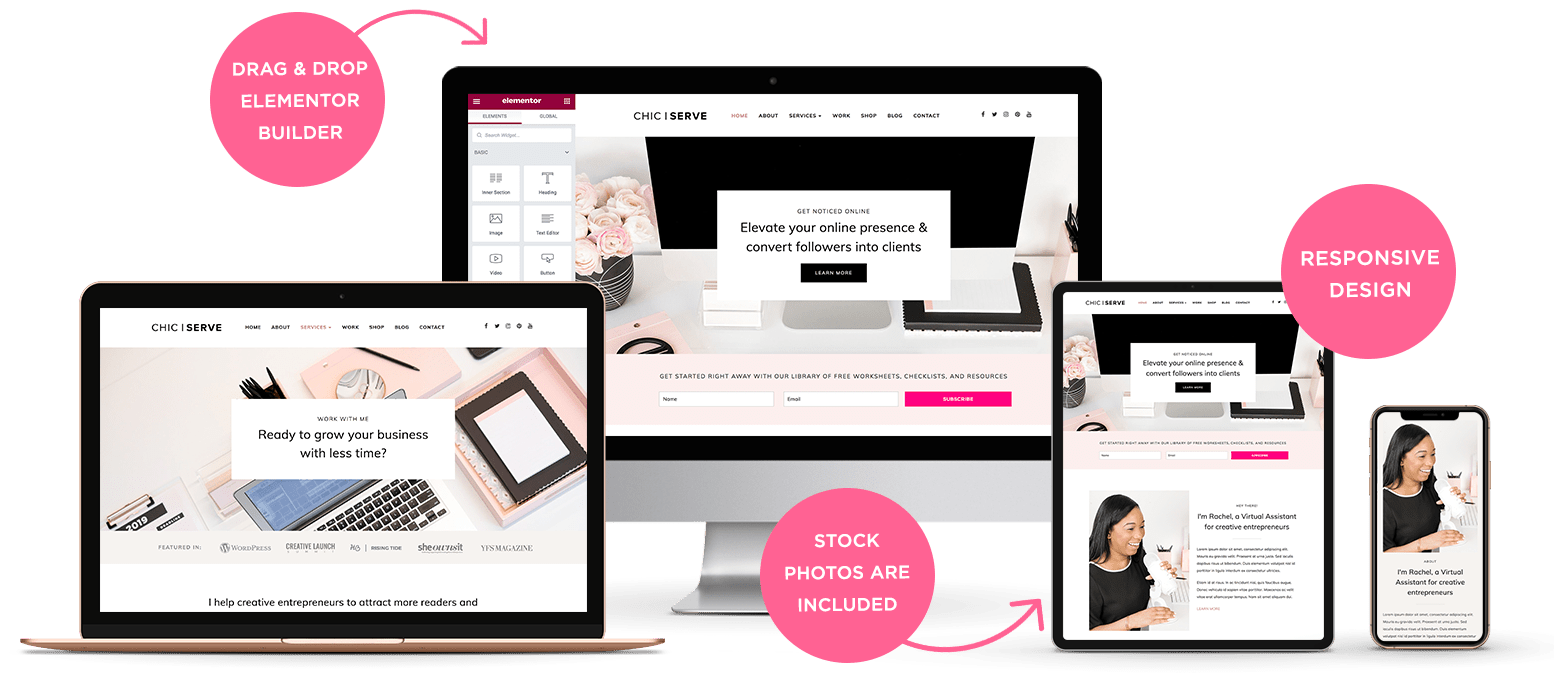 サービスベースの起業家のためのChicServeWordPressテーマのレスポンシブレイアウト