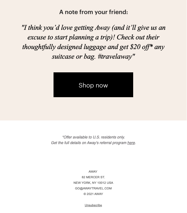 Notă de recomandare de la compania Away