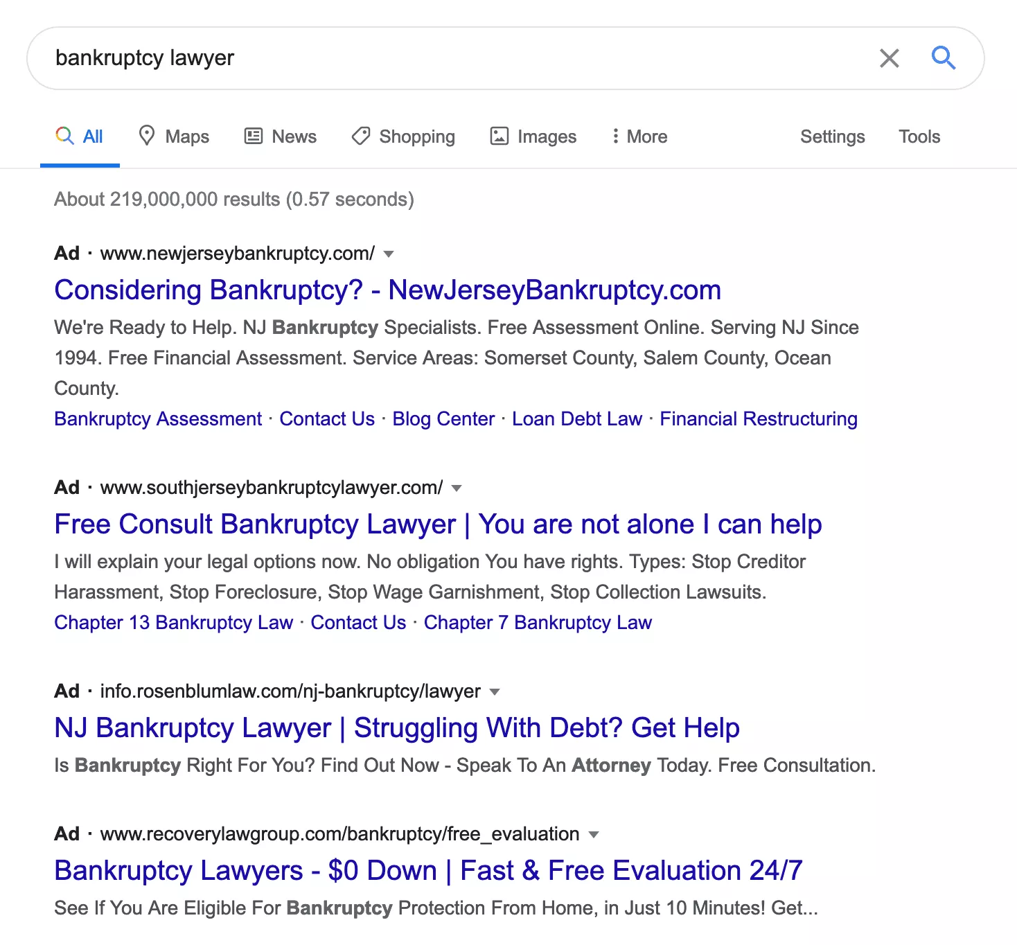 PPC results for bankruptcy marketing