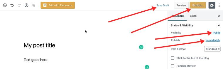 Где находится кнопка публикации в блогах WordPress