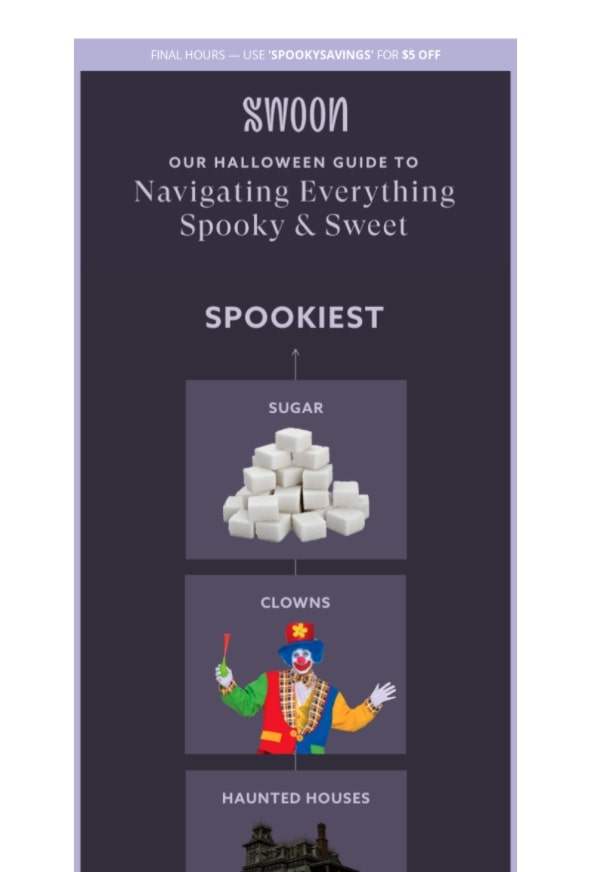 Swoon-コードで5ドルの割引：SPOOKYSAVINGS