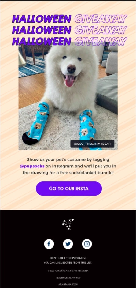 PupSocks-ハロウィンプレゼント。顧客はコスチュームを着たペットの写真を投稿する必要があり、ブランクまたは靴下を獲得することができました。