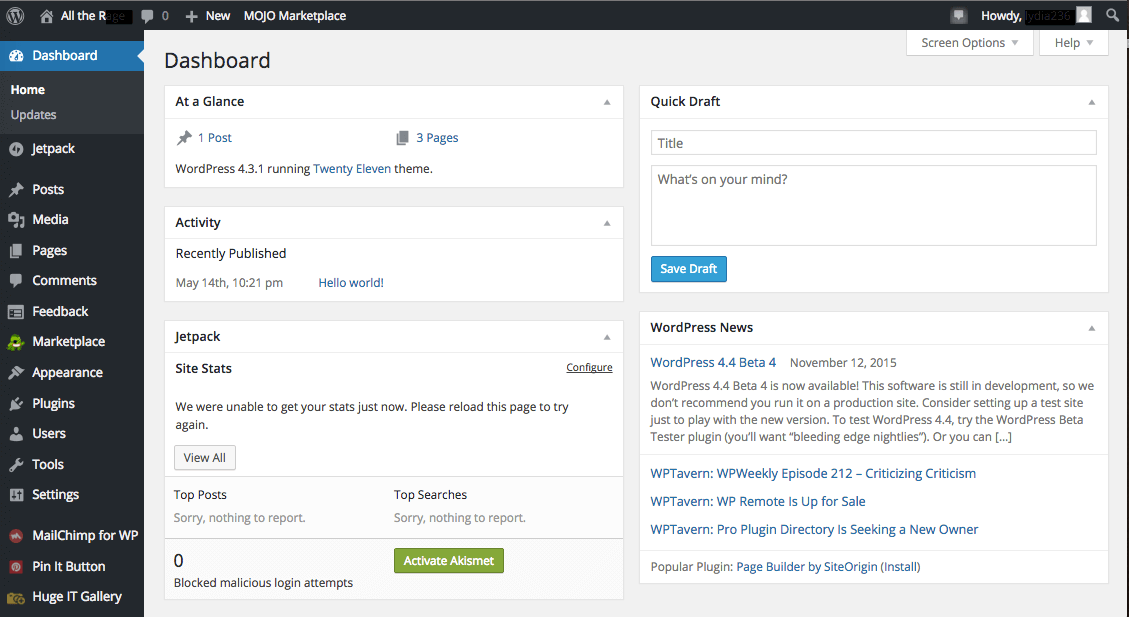 Tableau de bord WordPress