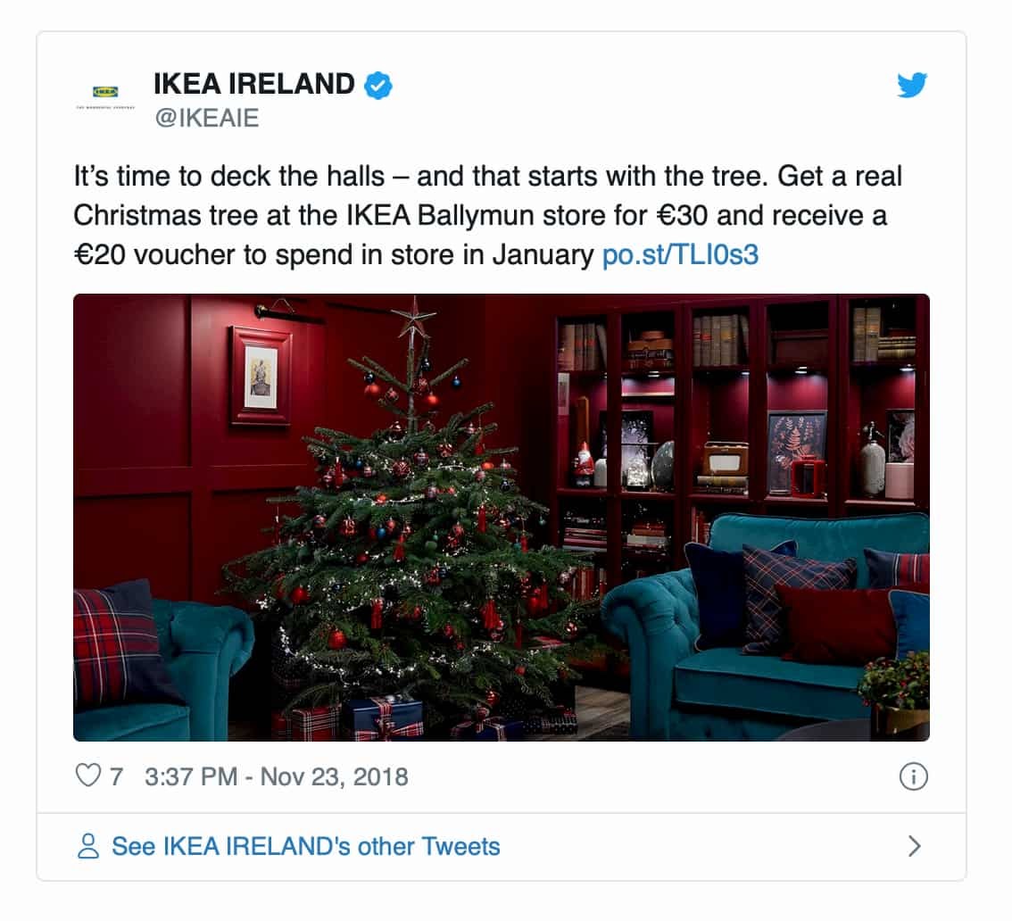 Świąteczna promocja Ikea Ireland - zdobądź prawdziwą choinkę w sklepie IKEA Ballymun za 30 EUR i otrzymaj kupon o wartości 20 EUR do wykorzystania w styczniu
