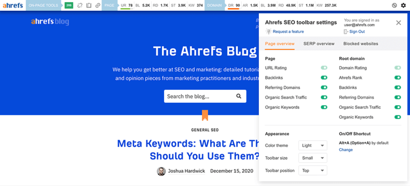 Ahrefs SEO شريط الأدوات