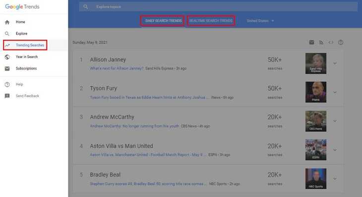Pestaña de búsquedas de tendencias