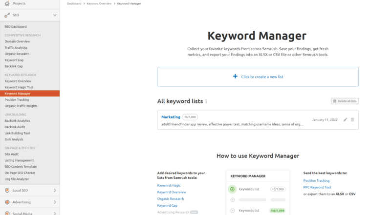 SEMrush Anahtar Kelime Yöneticisi