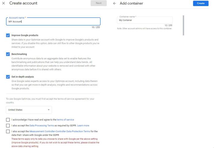 Akun dan Penampung Google Optimize