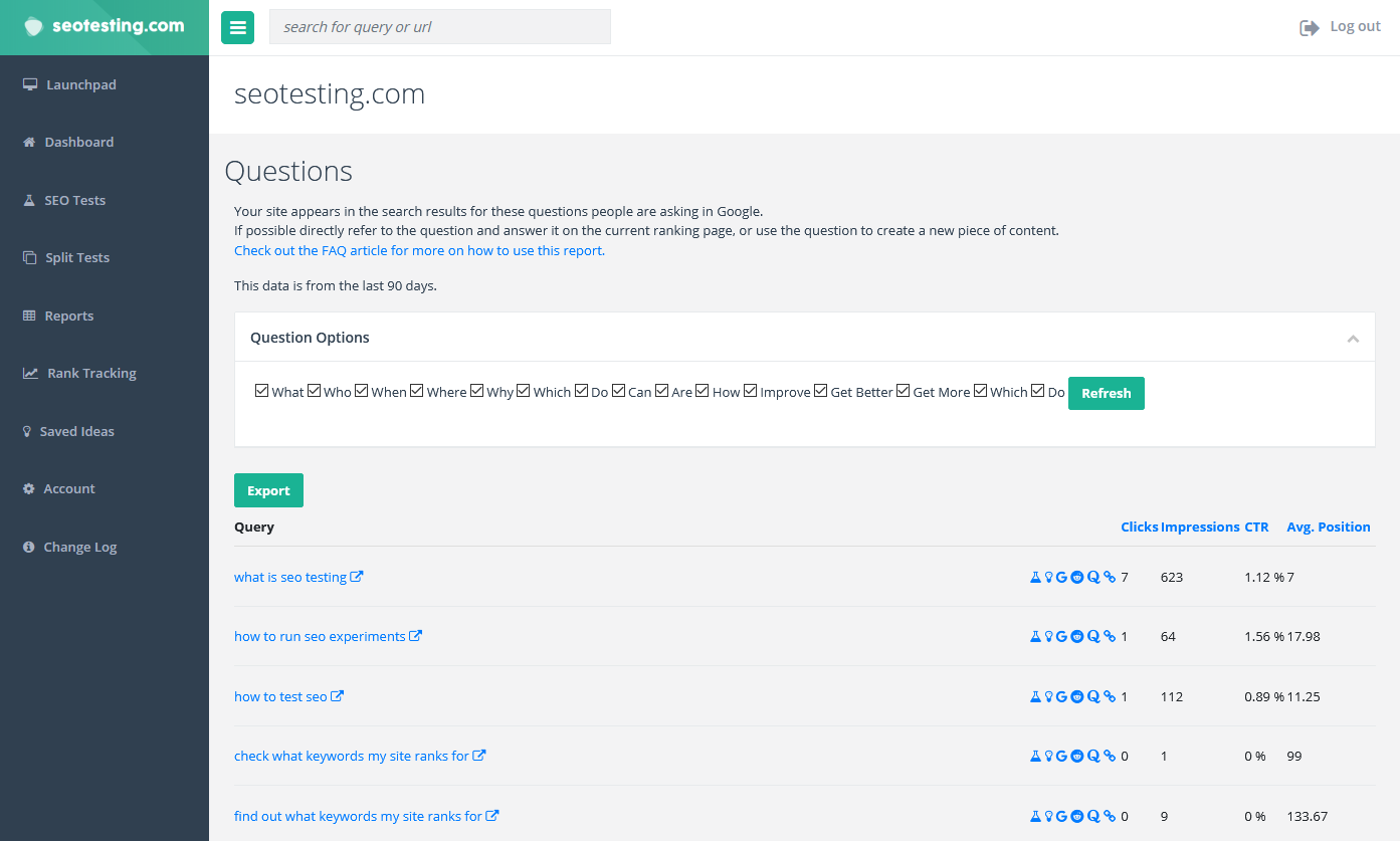 สกรีนช็อตคำถามเพื่อตอบรายงานใน SEOTesting.com