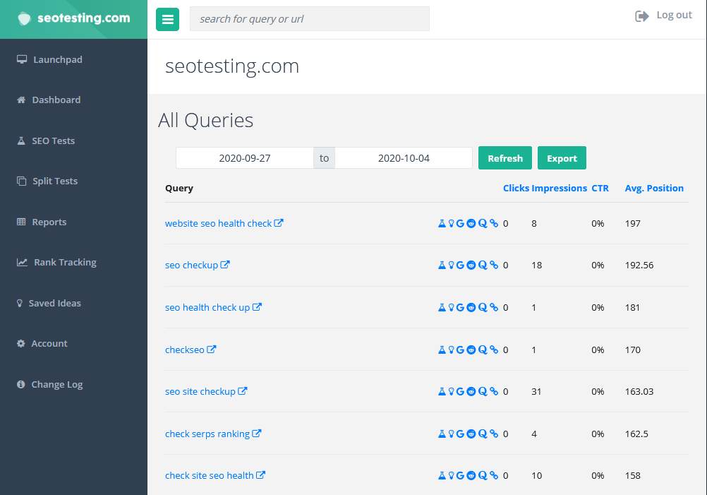 สกรีนช็อตของรายงานคำหลักหางยาวจาก SEOTesting.com