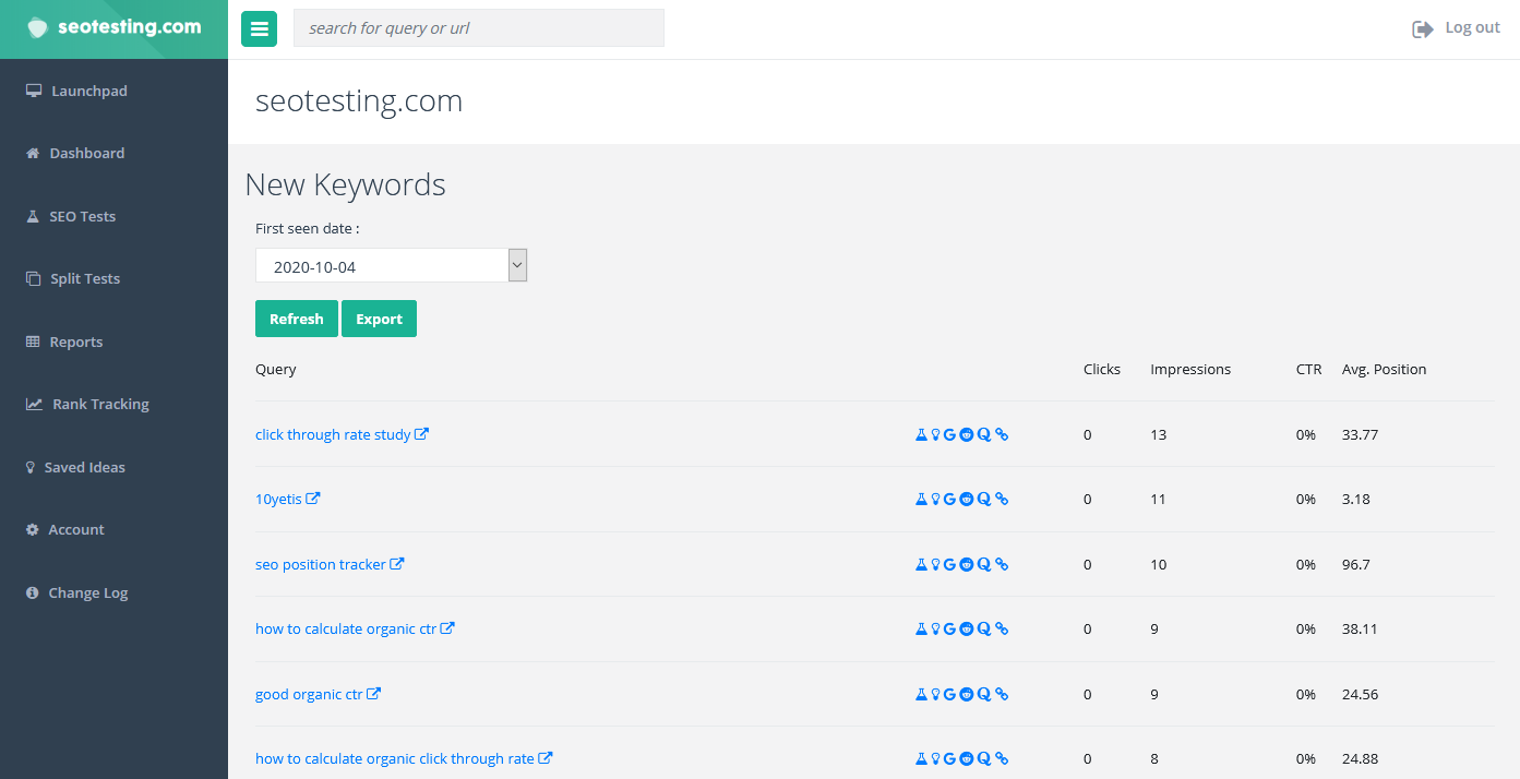 Screeshot ของรายงานคำหลักใหม่ใน SEOTesting.com