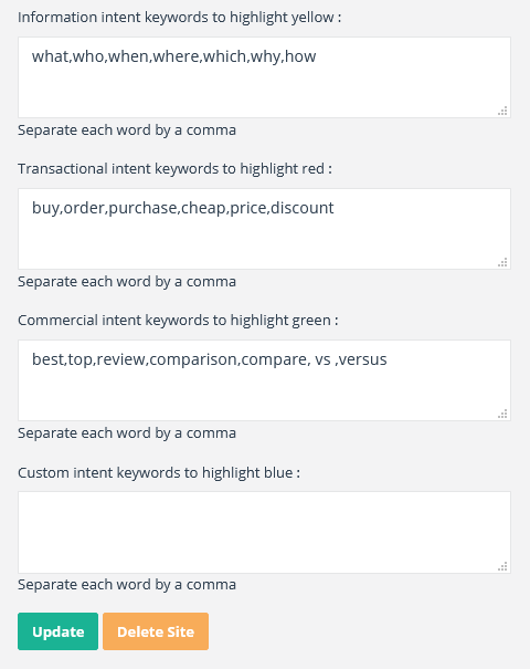サイト設定内のニッチに応じて、サイトごとに強調表示するカスタムキーワードを追加します。