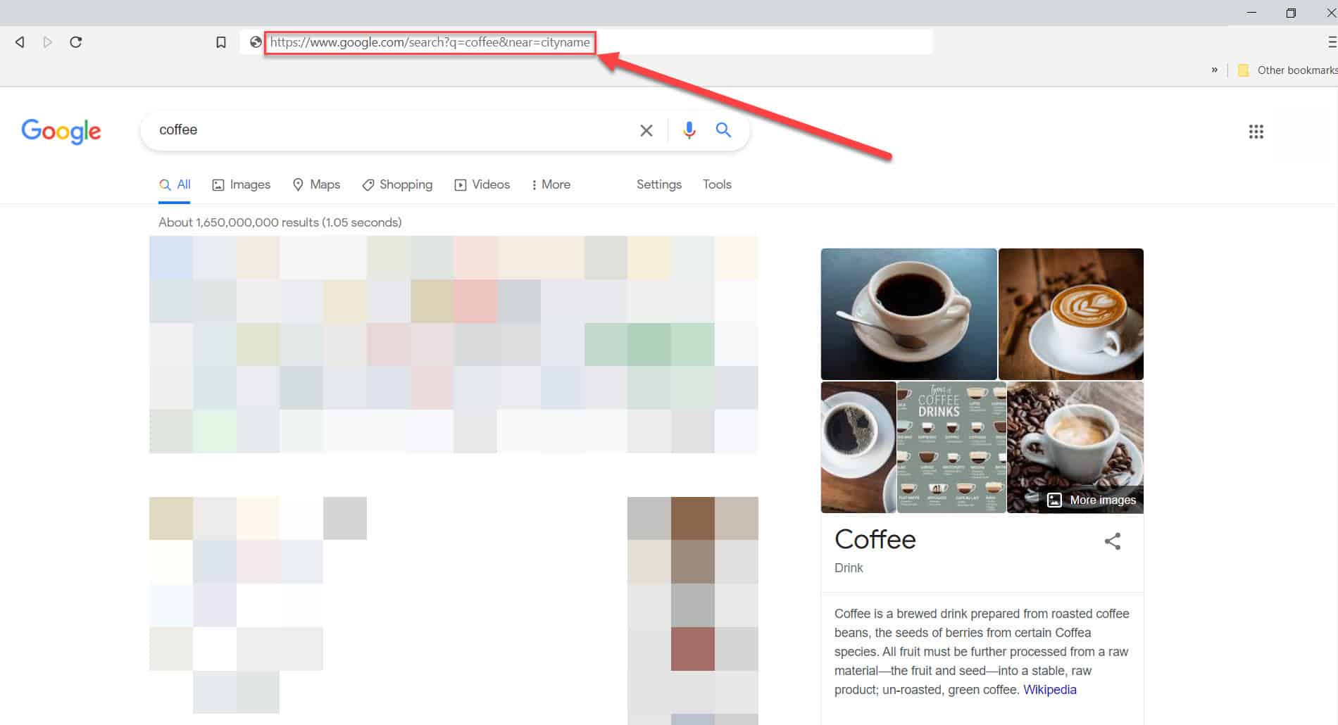 都市パラメータの結果を追加するグーグル検索